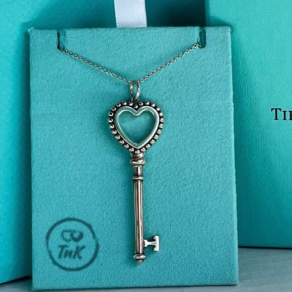 Tiffany & Co Large 2" Teal Blue Enamel Heart Beaded Trefoil Key Charm Pendant Ne - Picture 12 of 16